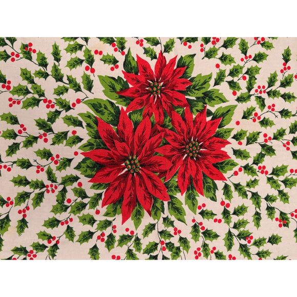 Vintage Christmas Printed Tablecloth Poinsettias Wreaths AS IS - Picture 3 of 7
